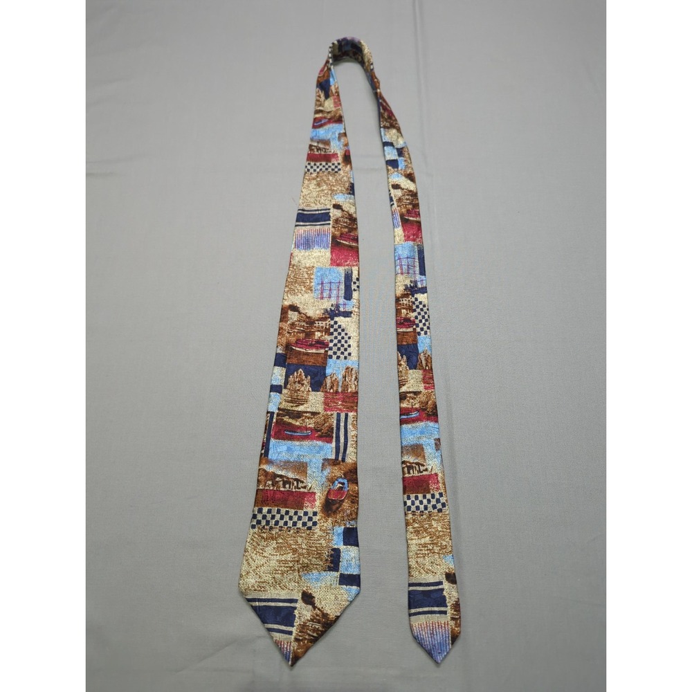 Ermenegildo Zegna Mens Silk Tie Abstract Scenic Patchwork Gold Blue Red Italy